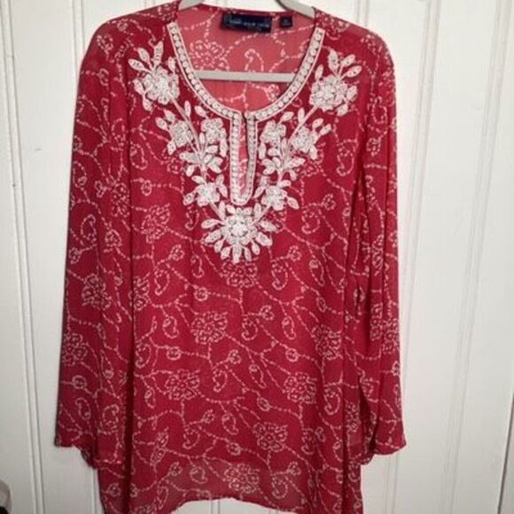 Susan Graver Style Women’s Embroidered Top Tunic Sz 2X Flowy Red - Picture 1 of 8